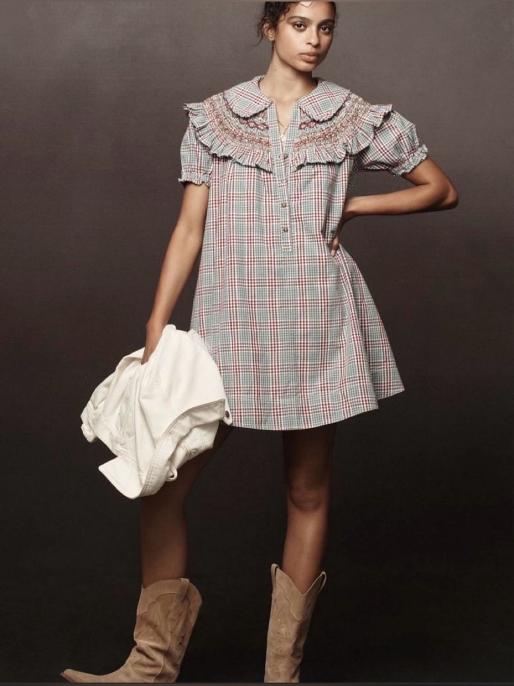 Anthropologie Pilcro Short Sleeve V-Neck Smocked Babydoll Dress Plaid Size 1X